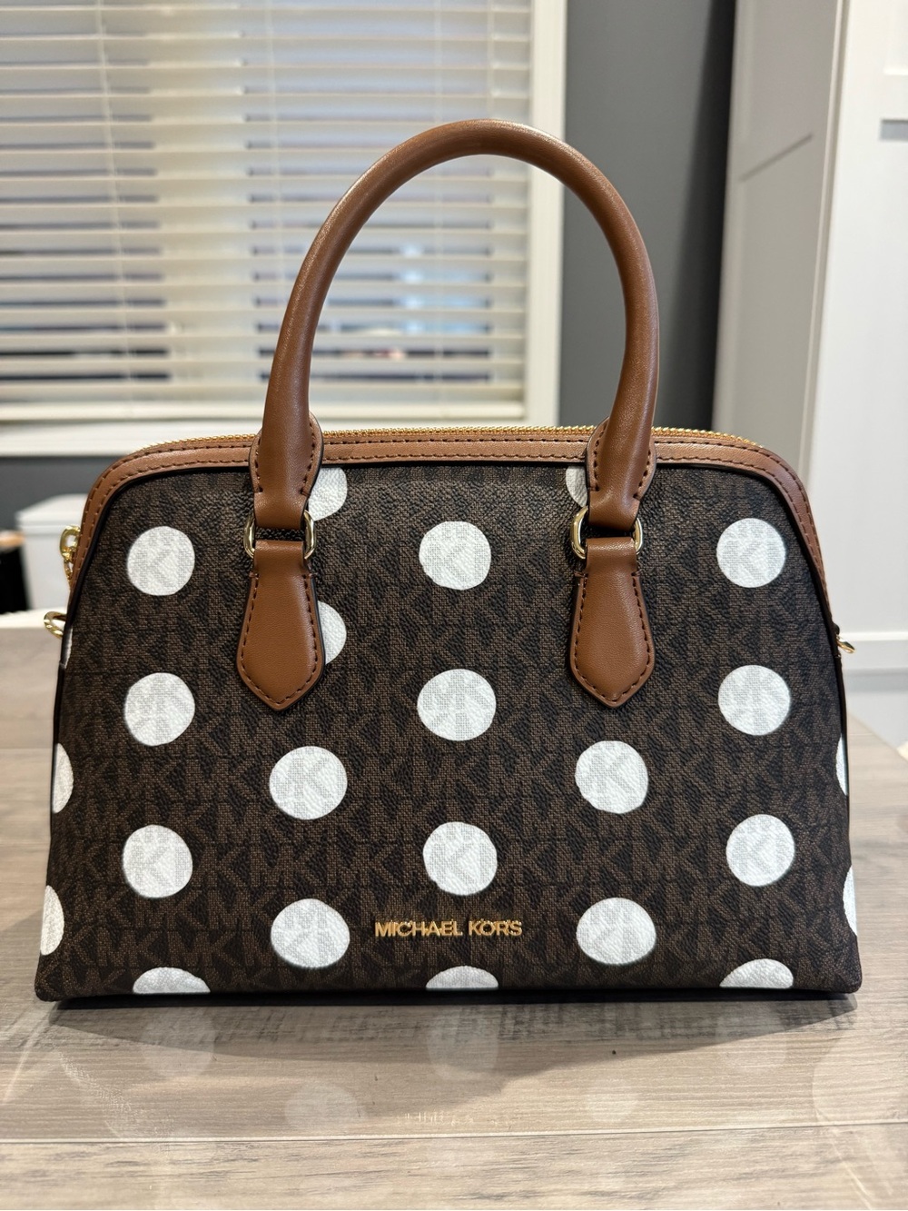 Michael Kors Brown & White Polka Dot Dome Satchel with Tan Trim